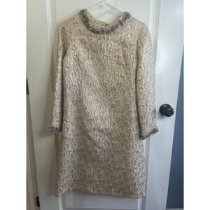 Vintage Gold Brocade Beaded Cocktail Dress High Neck 60s 70s Sheath Metallic
